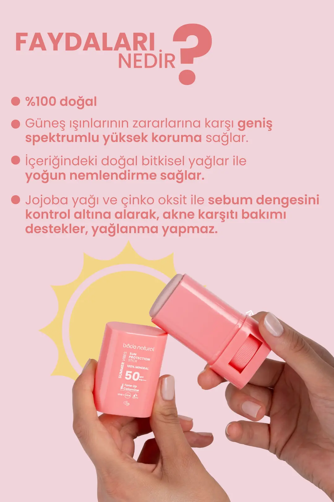 50 SPF Ton Eşitleyici ve Cilt Aydınlatıcı Pembe Yüksek Korumalı Güneş Stick 16 g - 4