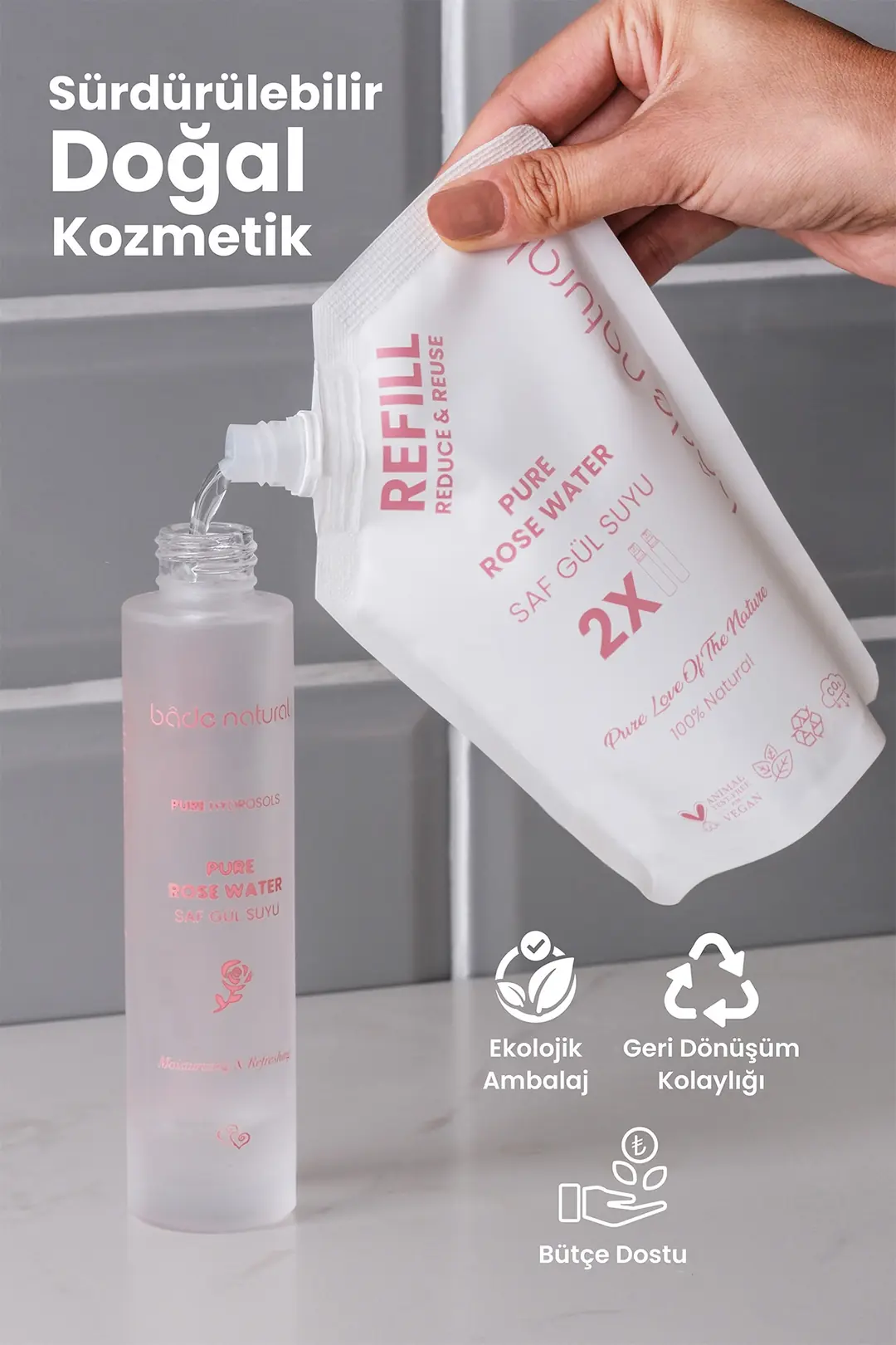 Gül Suyu Gözenek Sıkılaştırıcı ve Aydınlatıcı Tonik & Refill Set %100 Doğal - 3