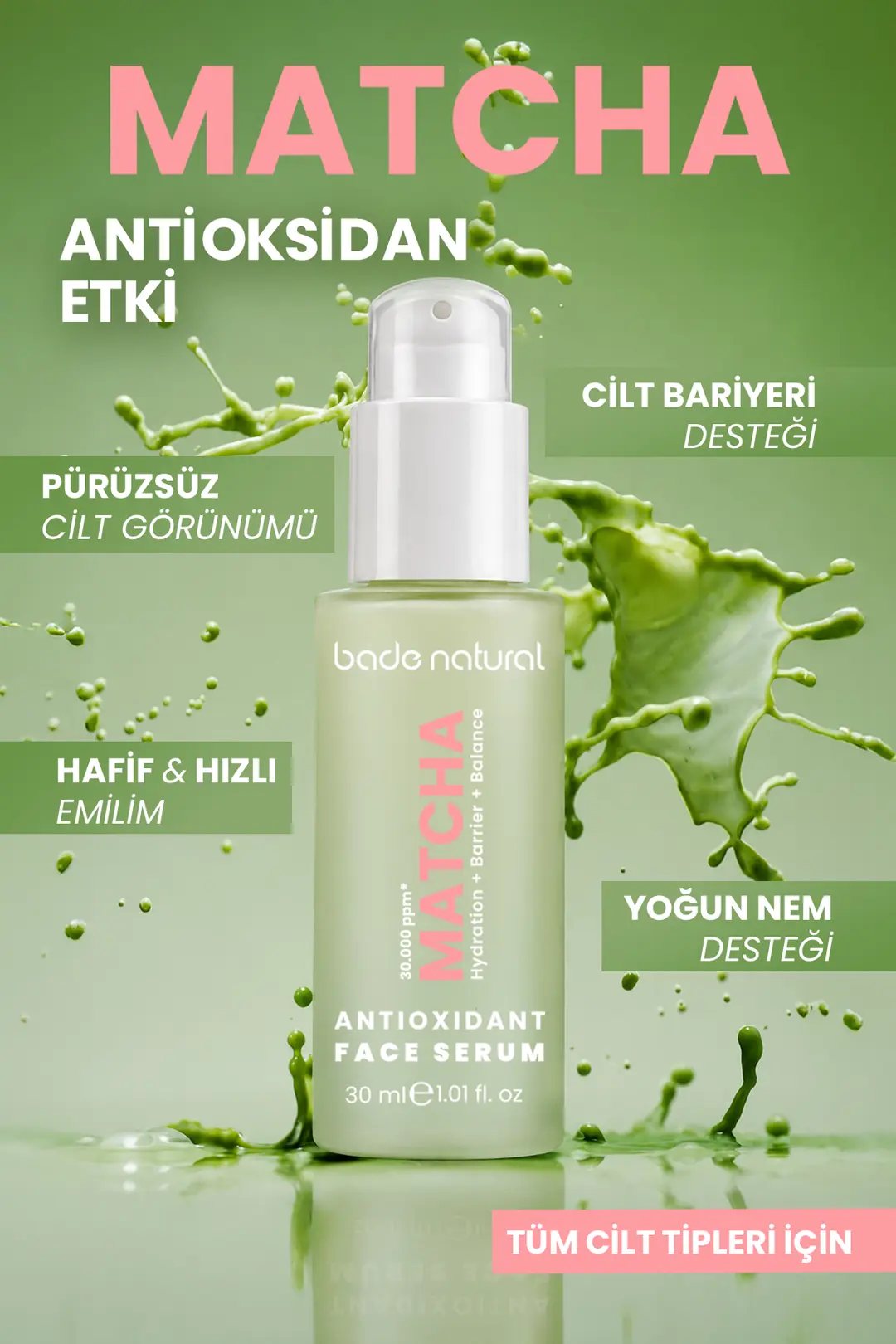 Matcha Antioksidan Cam Cilt (Glass Skin) Yoğun Nemlendirici Yüz Serumu 30 ml - 2