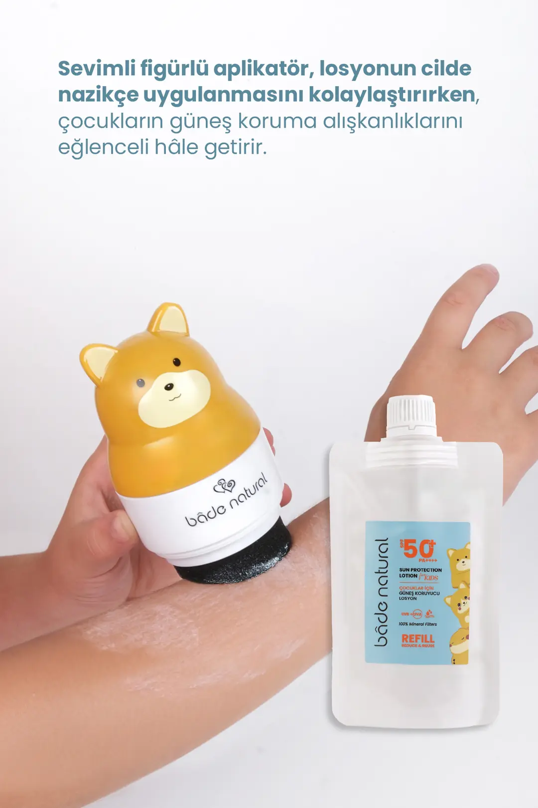 Çocuk Güneş Koruyucu Losyon 50+ SPF %100 Doğal Refill Paket + Ayı Figürlü Aplikatör Set - 4