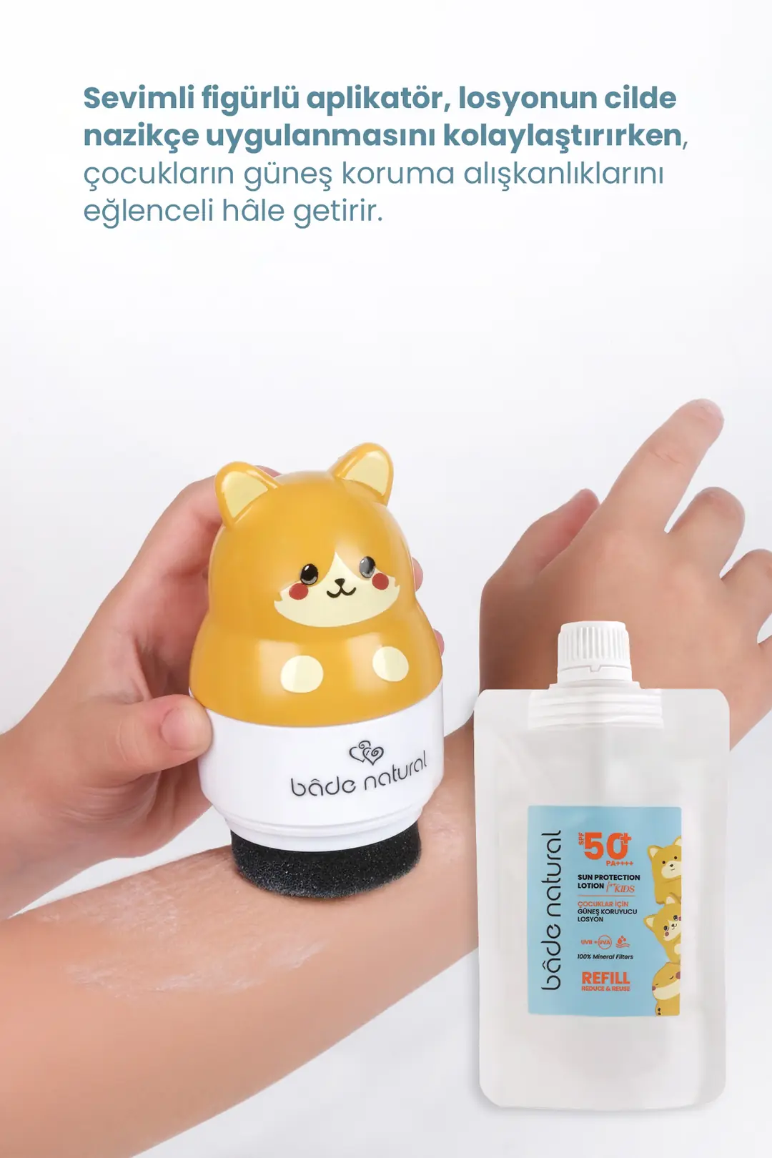 Çocuk Güneş Koruyucu Losyon 50+ SPF %100 Doğal Refill Paket + Kedi Figürlü Aplikatör Set - 4