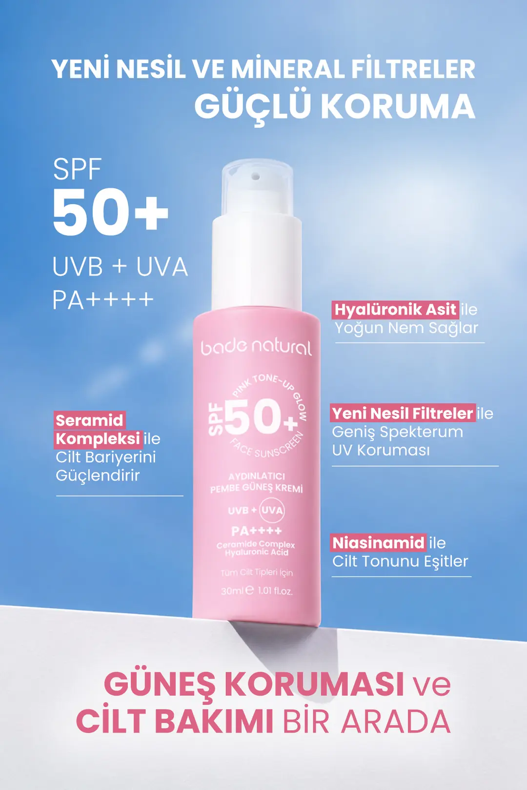 50 SPF+ Aydınlatıcı Pembe Güneş Koruyucu Krem 30 ml - 3