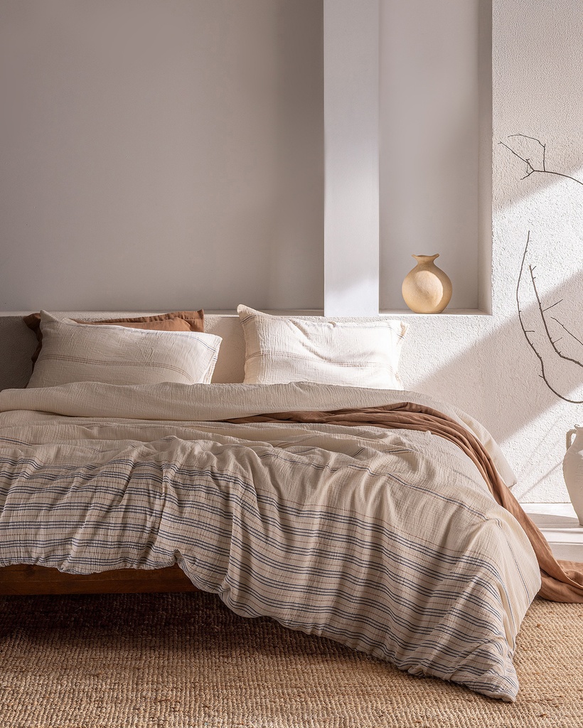 Breville Tek Kişilik Müslin İpliği Boyalı Lastikli Çarşaflı Nevresim Takımı - Ekru/Bej