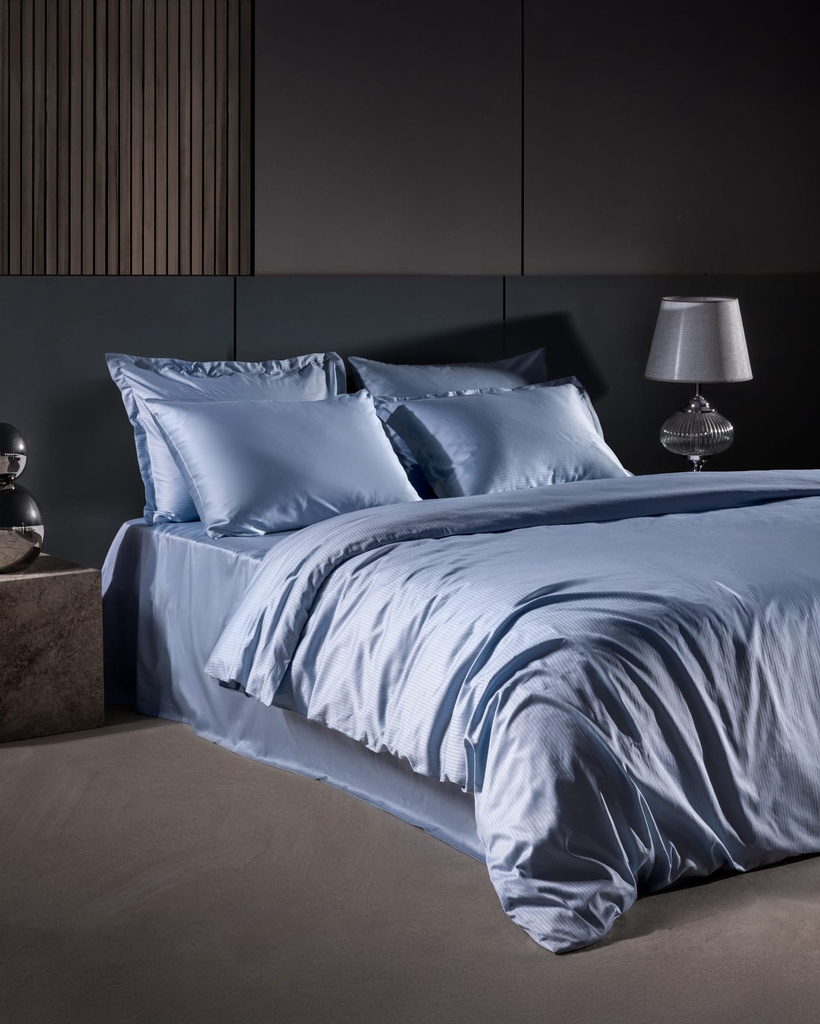 Thalie King Size %100 Pamuk Çizgili 300 TC Saten Çarşaflı Nevresim Takımı - Mavi