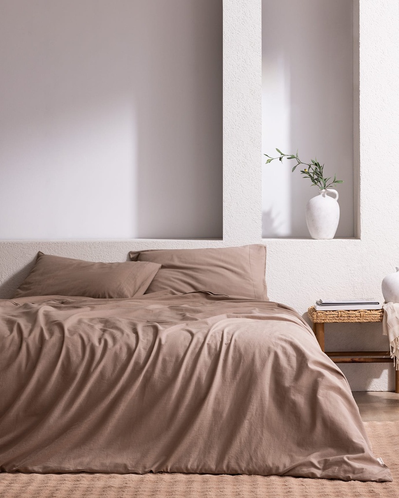 Tracey King Size %100 Pamuk Pileli Linen Look Yıkamalı Çarşaflı Nevresim Takımı - Vizon