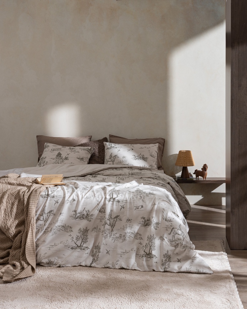 Henrietie King Size %100 Pamuk Lastikli Ranforce Baskılı Nevresim Takımı - Bej