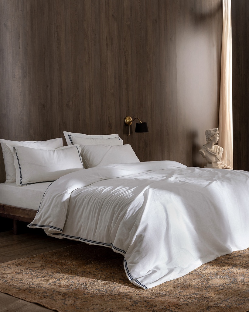 Tina Çift Kişilik Linen Look Yıkamalı  %100 Pamuk Çarşaflı Nevresim Takımı - Beyaz/Lacivert