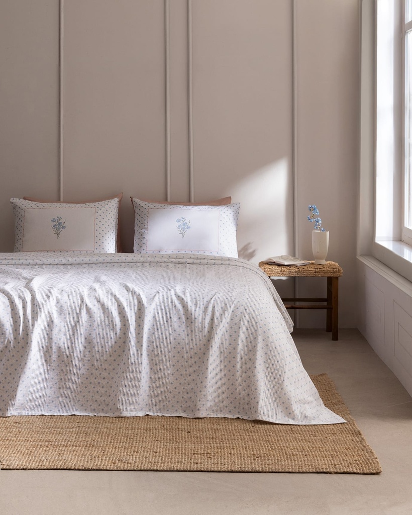 Georgette King Size %100 Pamuk Karde Baskılı Çarşaflı Pike Takımı - Mavi/Pembe