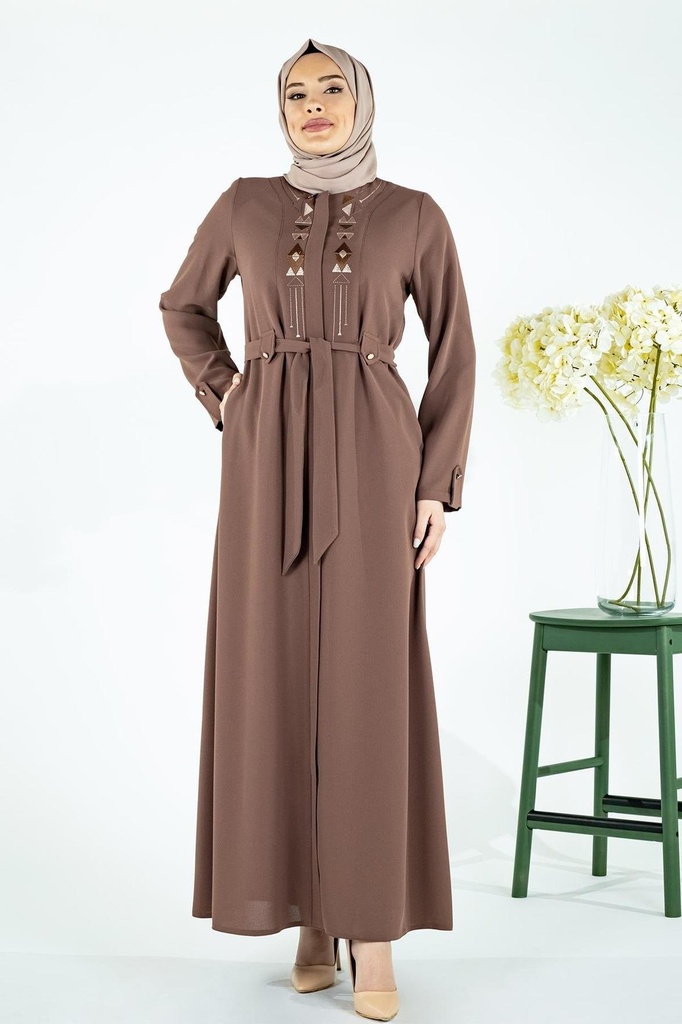 [23FR3M3724-1U800] Mısır Front Body Embroidery Detailed Belted Farajah 3724 (brown, 38)