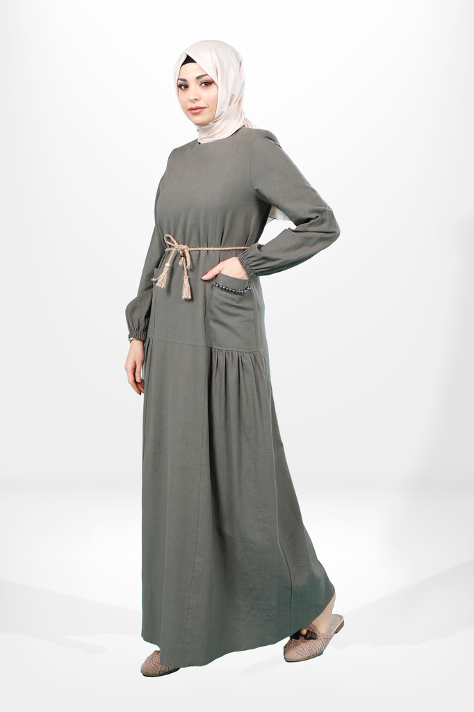 [24ELBY5654-111846] Crew Neck Cebi Rhinestone Removable İp Belted Modest Dress 5654 (khaki)