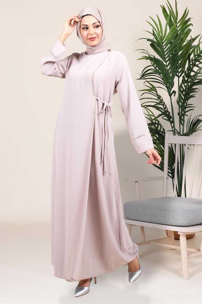[23EL3M5383-11210] Arduva Yapışkan Rhinestone Detailed Double-Breasted Closure Modest Dress 5383 (beige, 38)