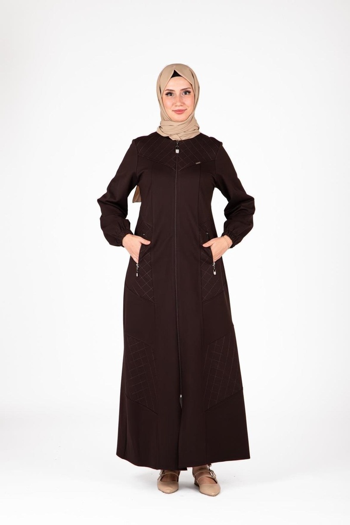 [26FRCK9498-10021] Sleeve Elasticated Front Part Embroidery Detailed Farajah 9498 (brown, 40)