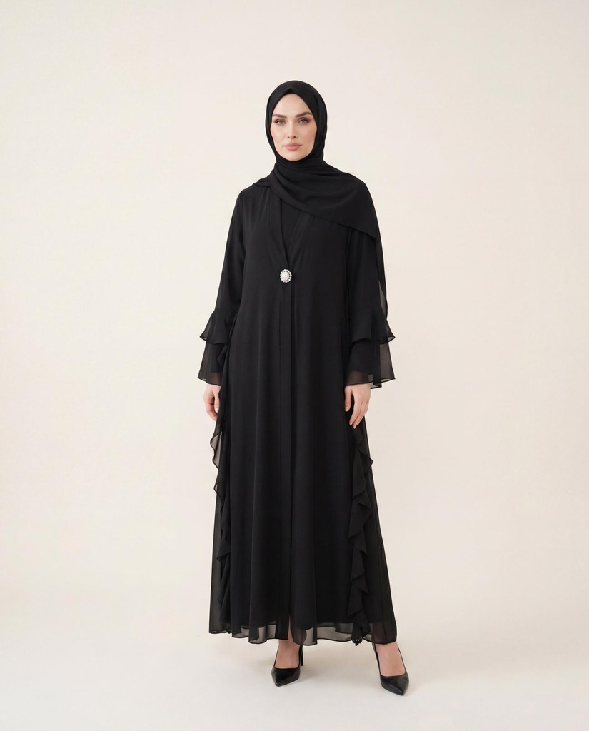 [26ABAY9789-10011] 9789 shifon volanli abaya (qora, 40)