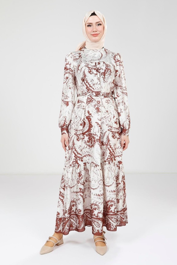 [25ELBY9387-10020] 9387 с принтом и с ремнем платье (коричневый, 38)