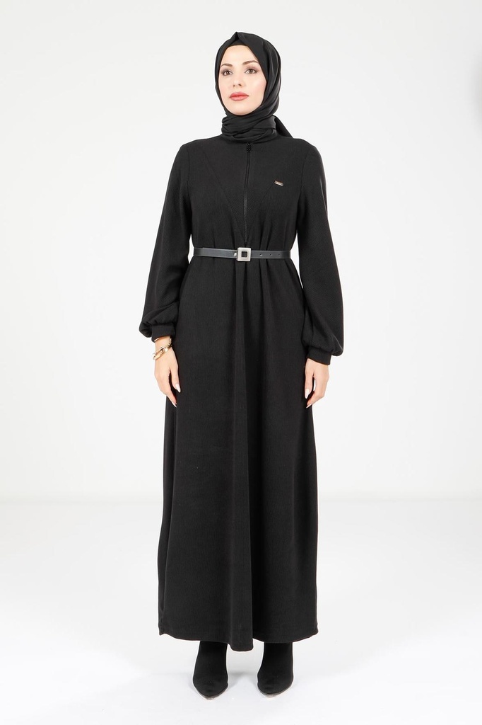 [25ELBK9082-10010] 9082 Sleeve Elasticated Belted Dress (black, 38)