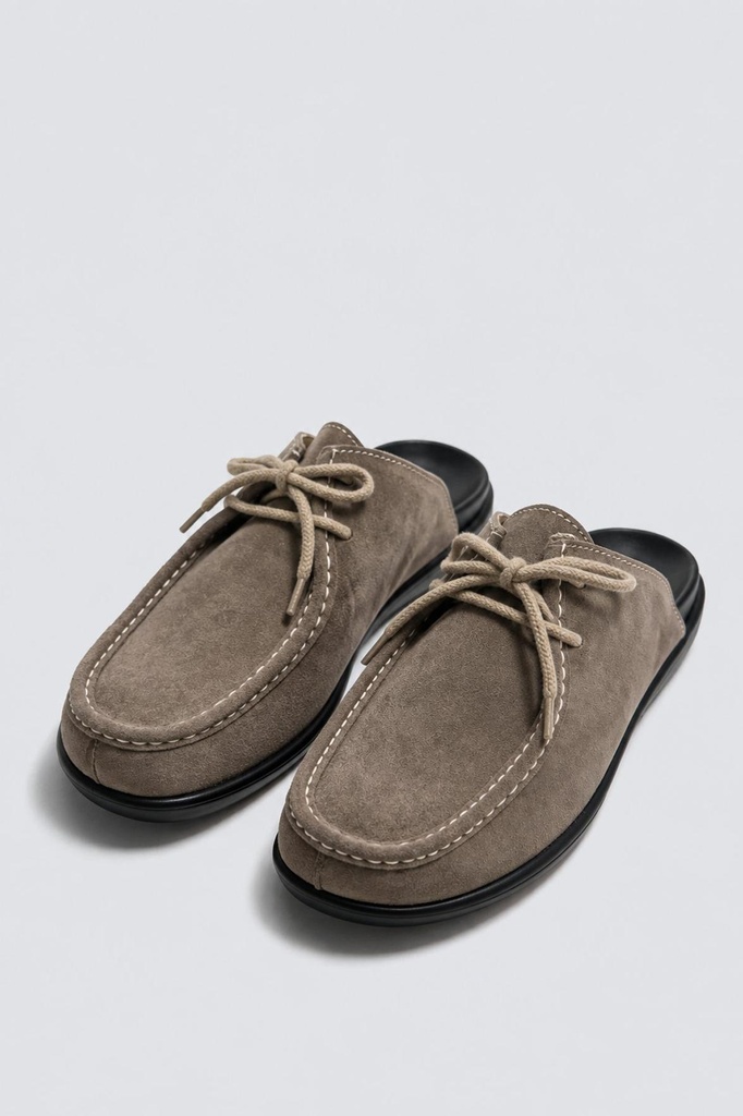 [A26YAYK013-Bej-40] %100 Suede Laced Clog Sandals (40)