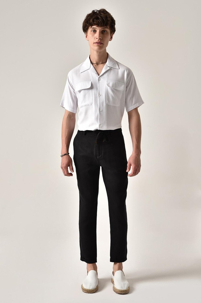[A20Y2365-Siyah-29] Boyfriend Waist Corded Linen Trousers (29, black)