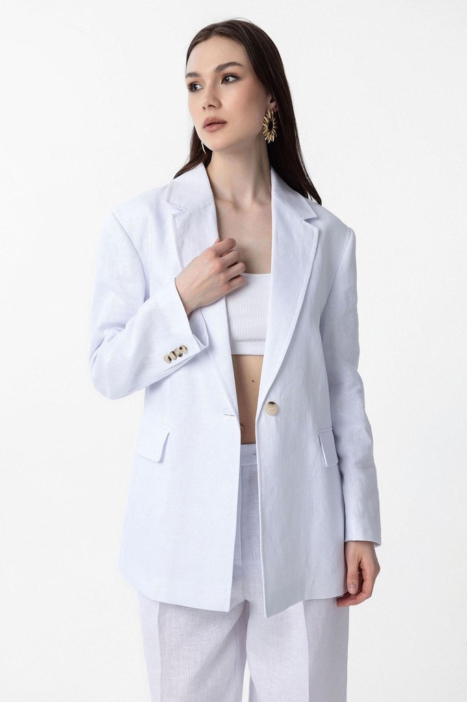 [BA25Y420-Beyaz-34] Antioch 100% Linen Women's Blazer Jacket (white, 34)