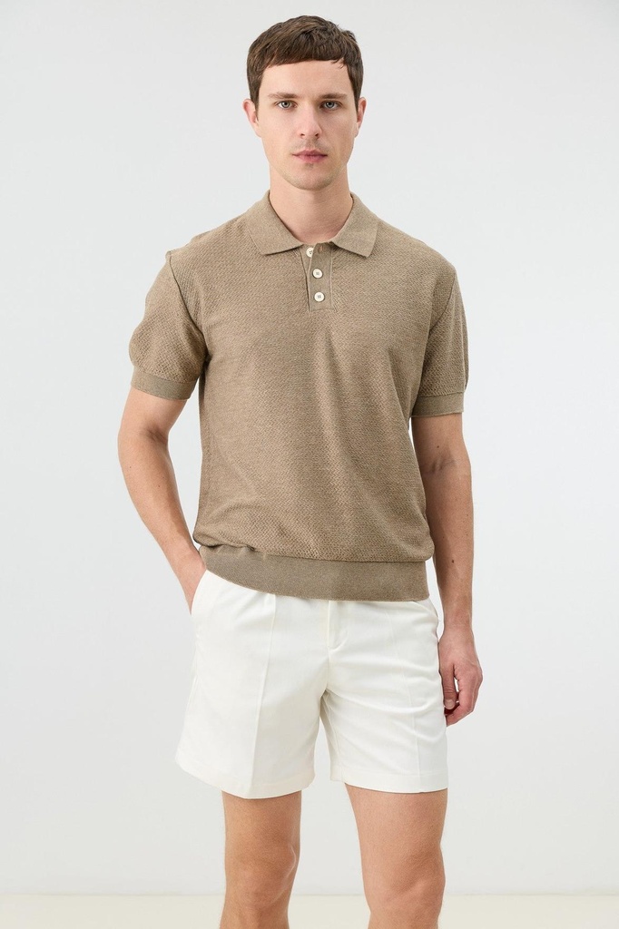 [#N/A] Textured Polo Collar Knitwear Men's T-Shirt (beige, S)