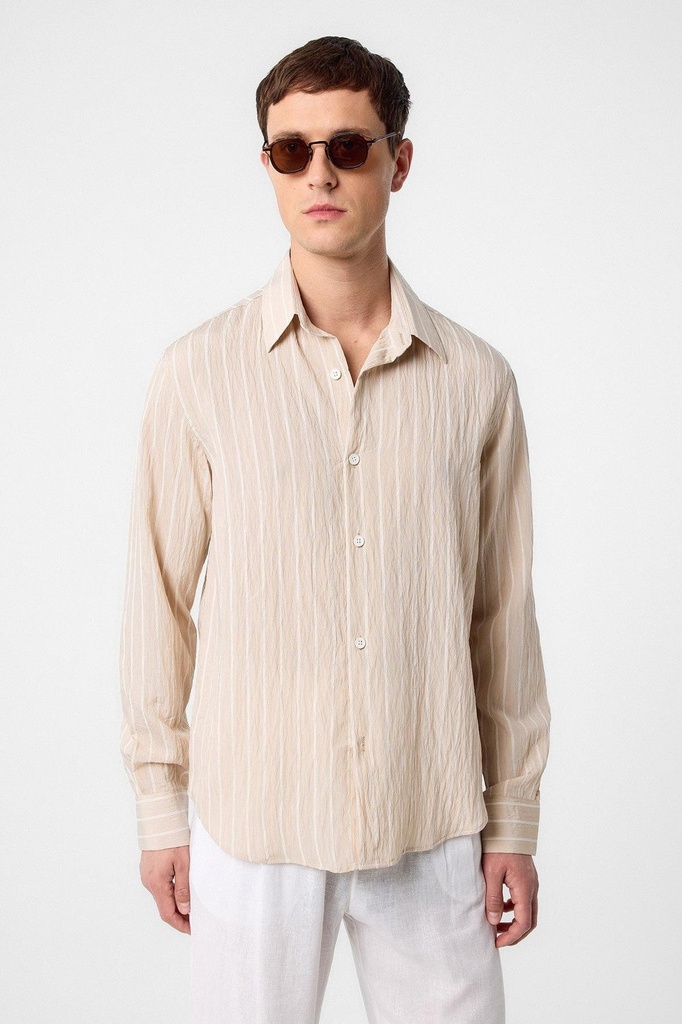 [A25Y10122-Bej-5] Relaxed Fit Striped Men's Shirt (S)