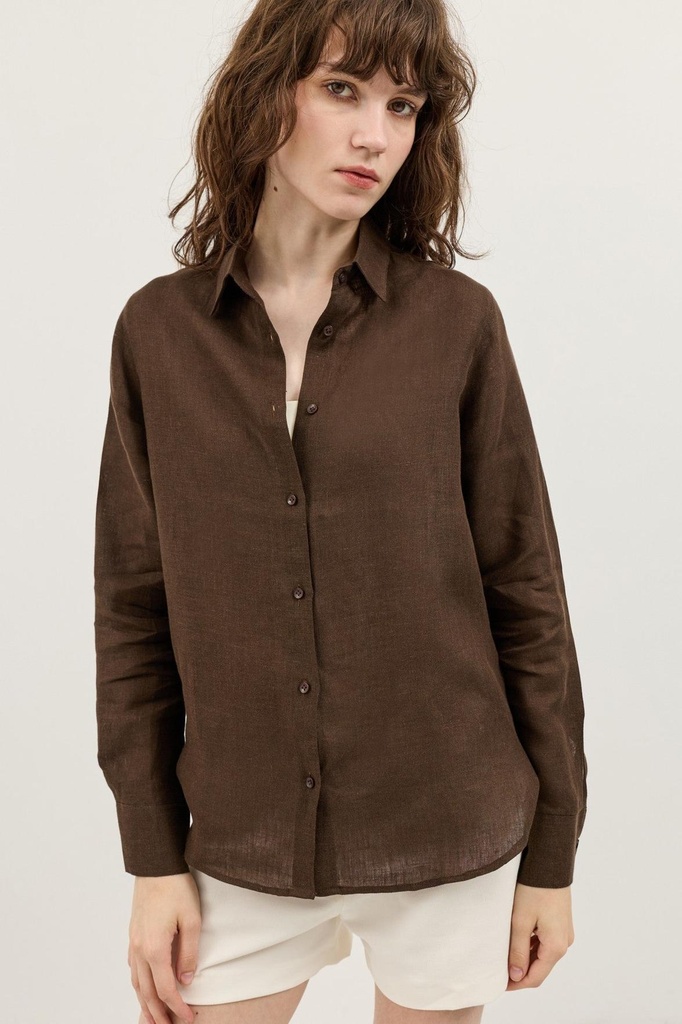 [BA26Y153-Kahve-5] 100% лён женский рубашка (кофейный, S)