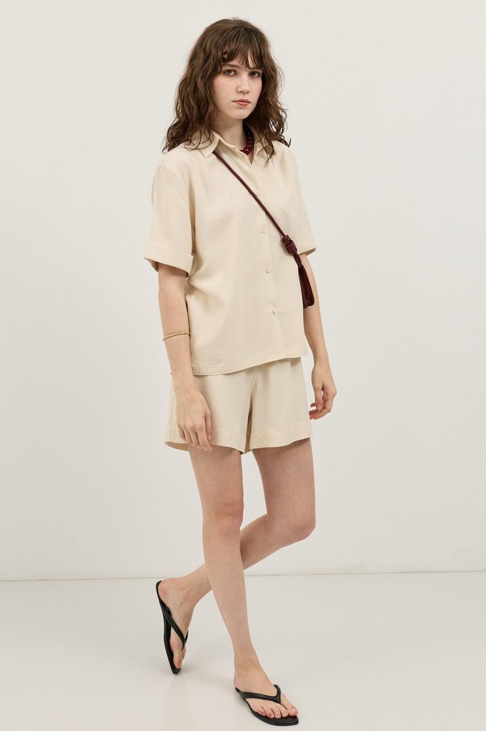 [BA26YTKM079-Krem-5] 100% Lyocell Shirt Shorts Women's Set (S)
