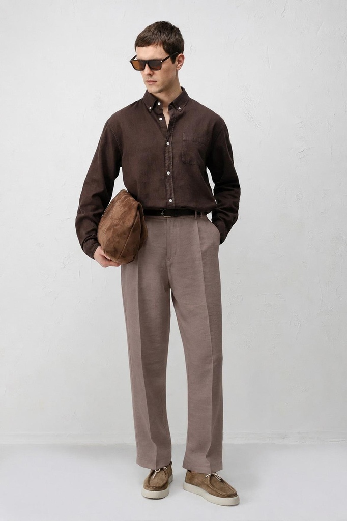 [A26Y2852-Koyu Bej-S] Lyocell Relaxed Fit Pleated Men's Trousers (S)