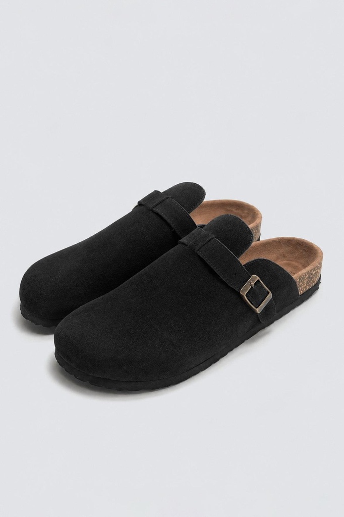 [A26YAYK008-Siyah-40] %100 Suede Buckled Clog Sandals Slippers (40)