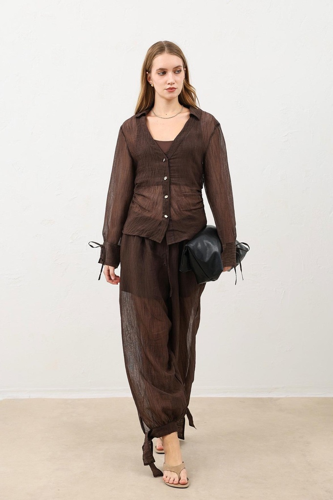 [BA26Y123-Kahve-5] V-Neck Half Sheer Women's Shirt (S)