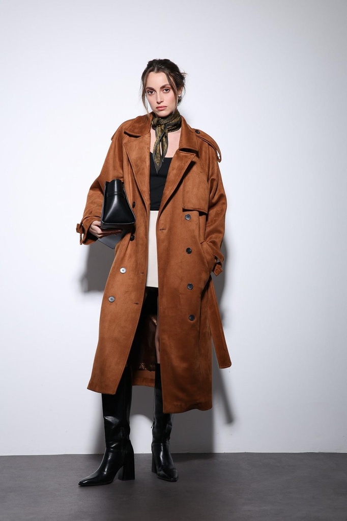 [BA25Y512-Taba-XS] Antioch Double-Breasted Suede -Look Premium Women's Trench Coat (XS)