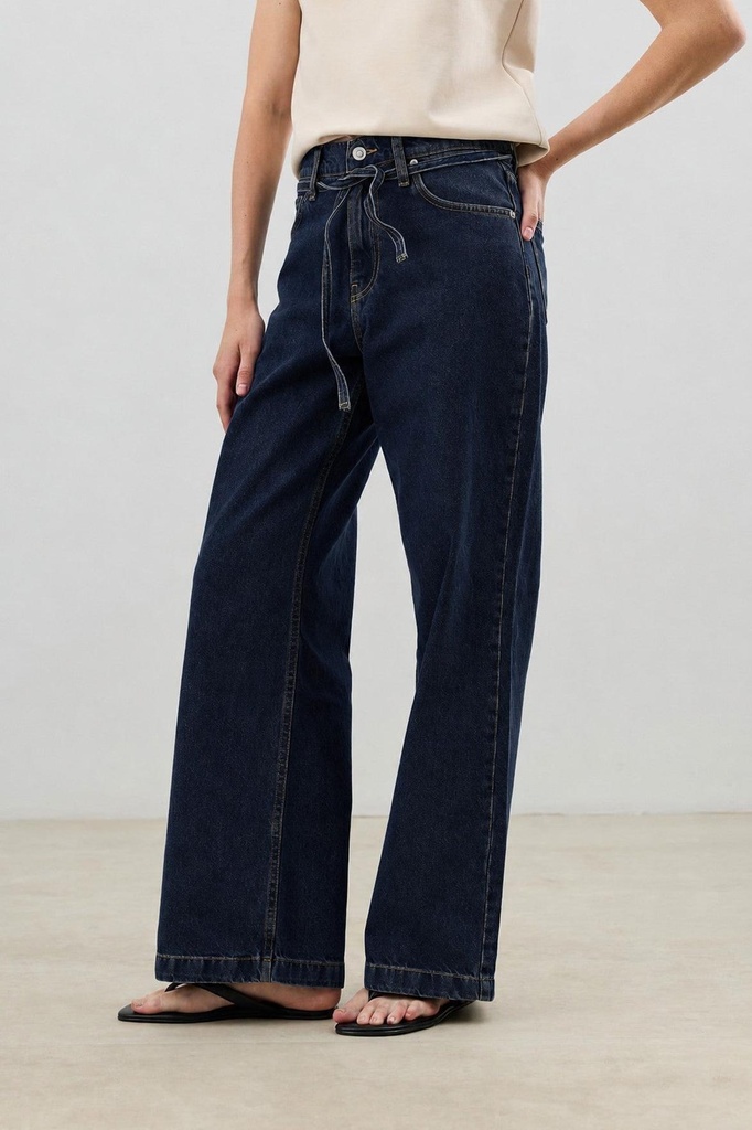 [BA26Y283-Lacivert-34] Tie-Up Wide-Leg Women's Denim Trousers (34)