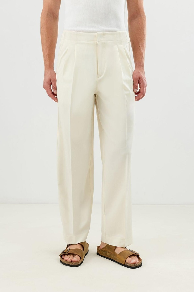 [A26Y2857-Ekru-5] Double Pleated Buckle Detailed Men's Trousers (S)