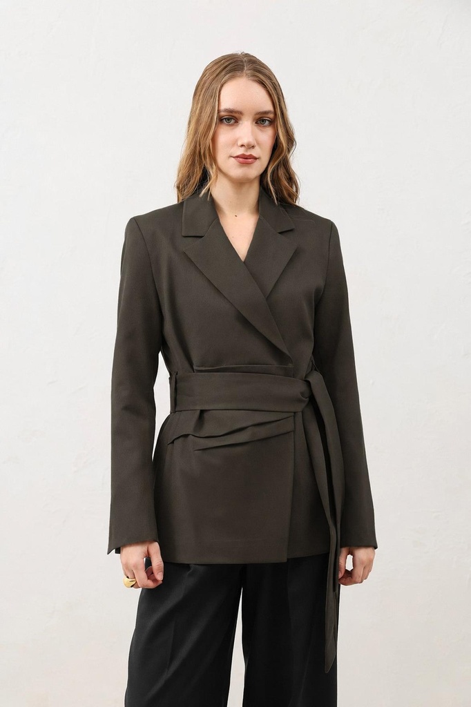 [BA26Y435-Kahve-5] Body-Hugging Fitted Belted Women's Blazer Jacket (S)