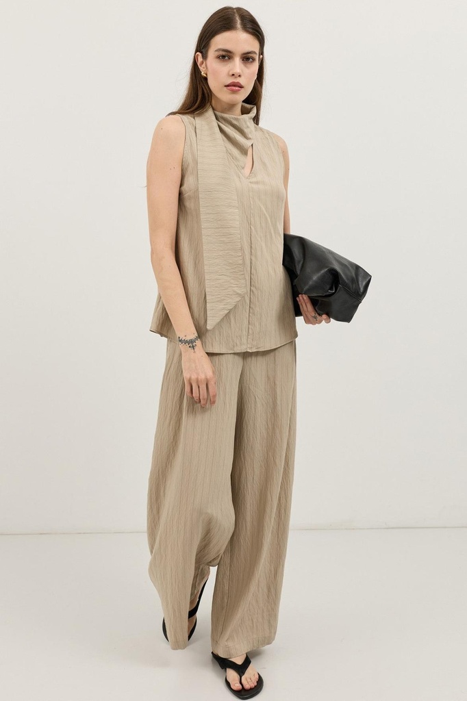 [BA26YTKM077-Bej-5] Şal Collar Striped Women's Set (beige, S)