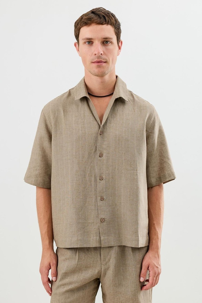 Linen-Blend Striped Relaxed Fit Men's Short Sleeve Shirt