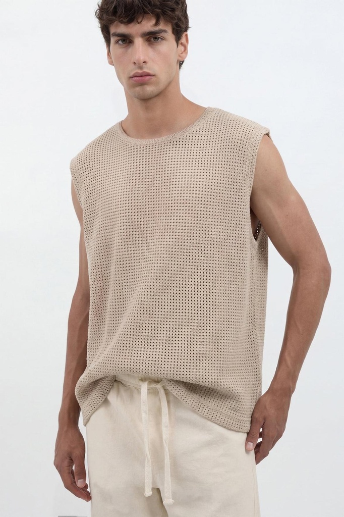 [A26Y9460-Bej-5] Relaxed Fit Textured Men's Sleeveless T-Shirt (beige, S)