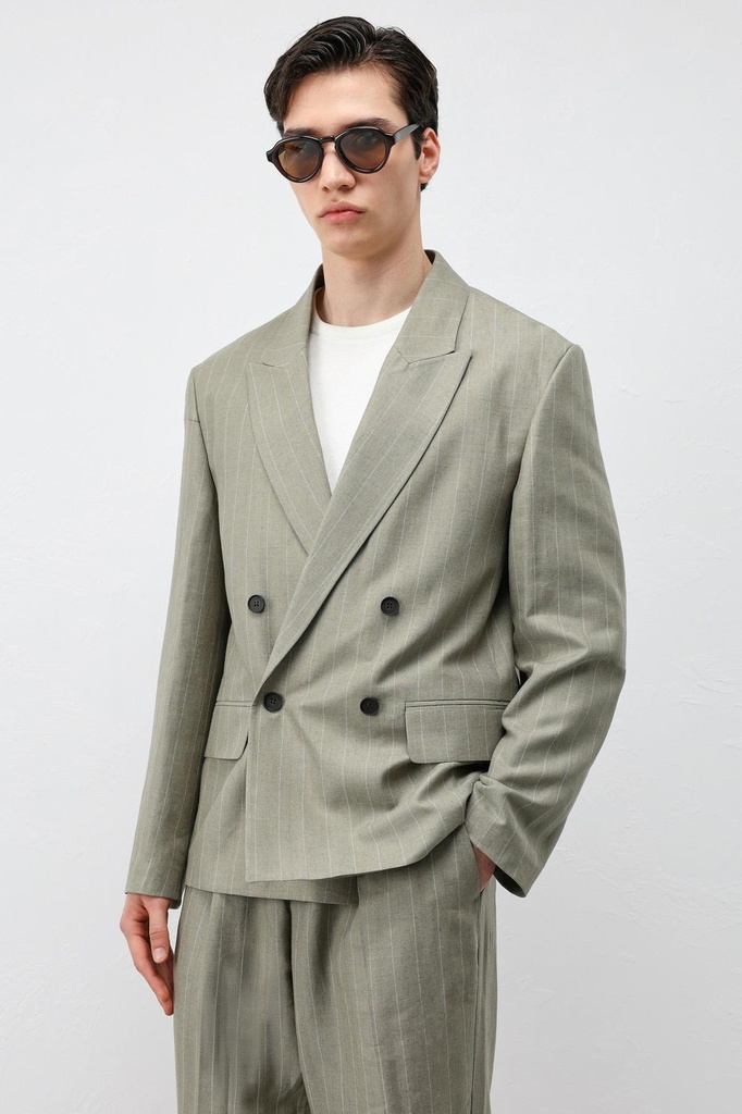 [A26Y4206-Haki-5] Linen-Blend Striped Men's Blazer Jacket (S)