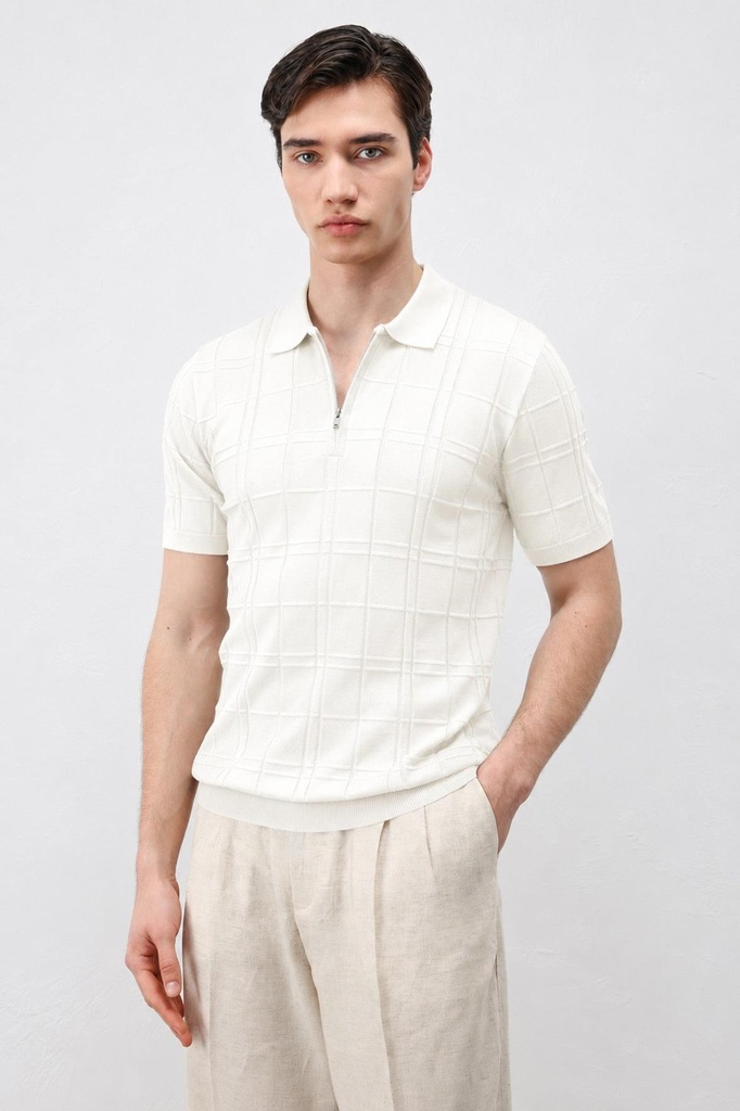 [A26Y3182-Ekru-5] Checkered Patterned Men's Knitwear T-Shirt (S)