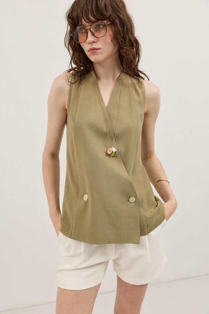 [BA26Y712-Haki-5] Linen-Blend Double-Breasted Women's Vest (S)