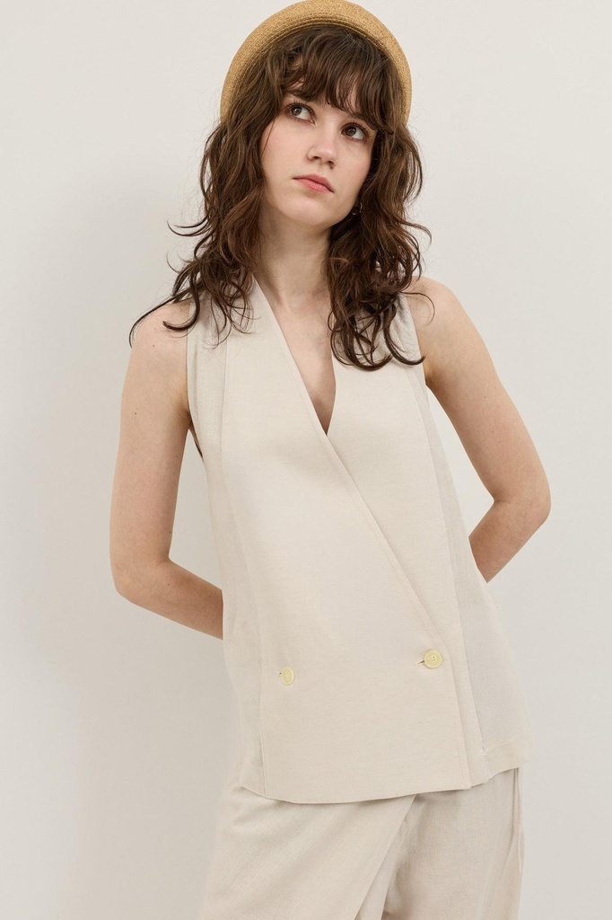 [BA26Y712-Taş-5] Antioch Linen-Blend Double-Breasted Women's Vest (S)