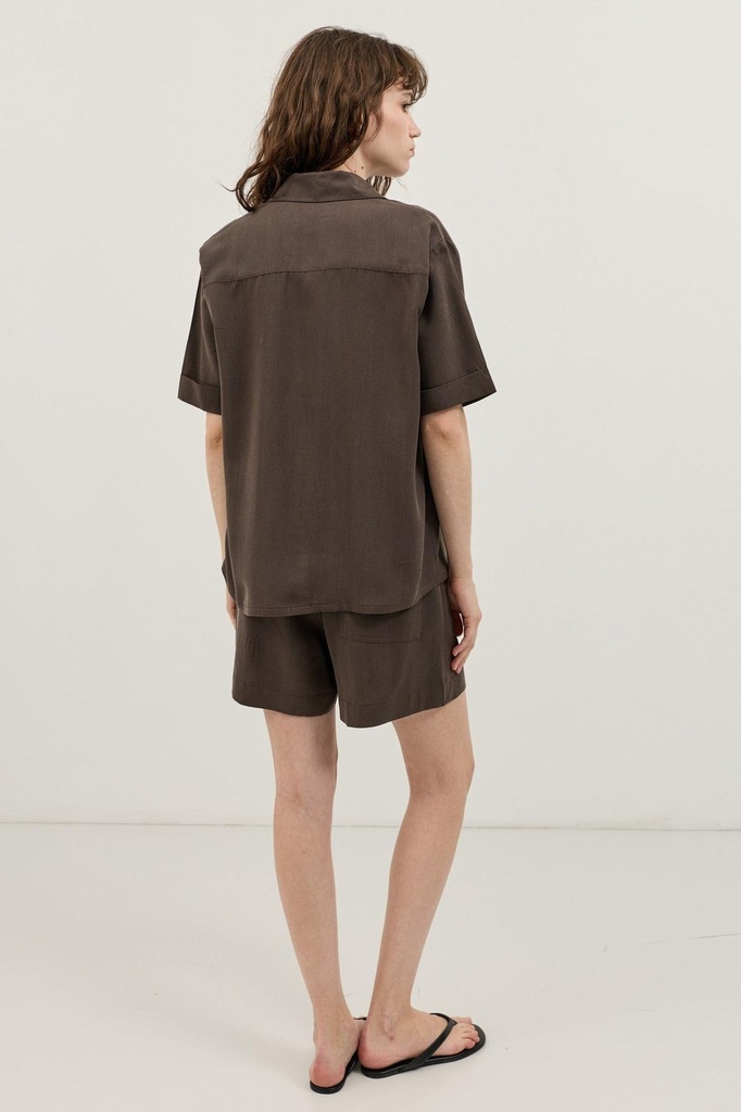 [BA26YTKM079-Kahve-5] 100% Lyocell Shirt Shorts Women's Set (S)