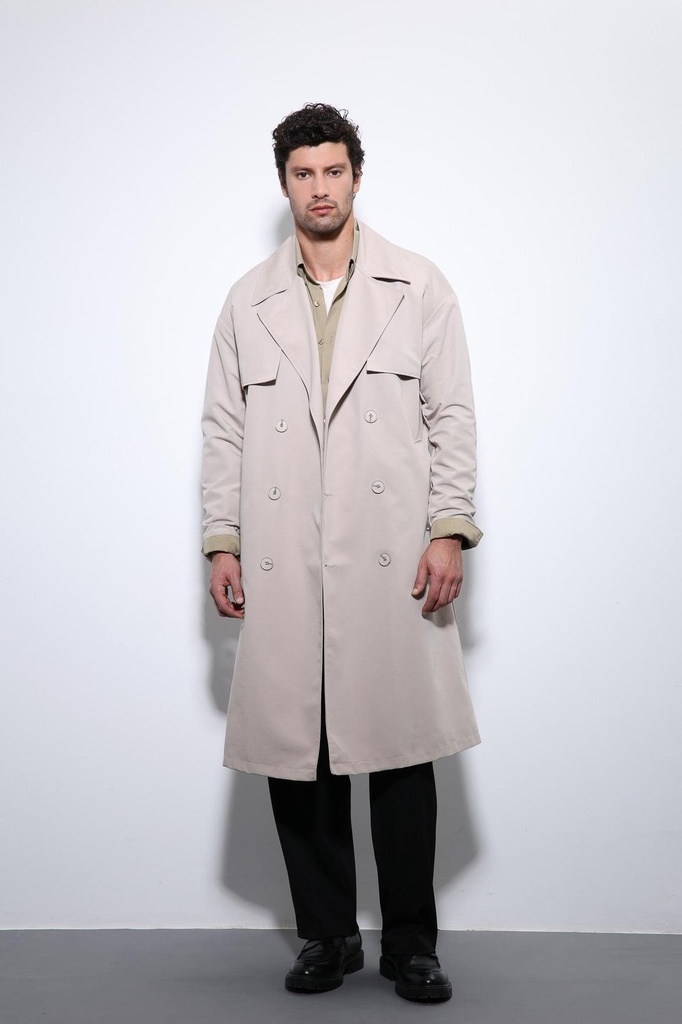 Antioch Double-Breasted Closure Belted Trench Coat (stone, S)