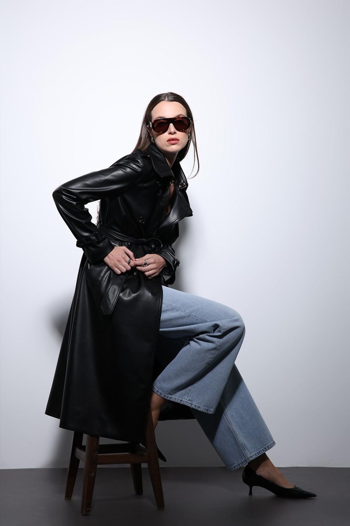 Antioch Women's Faux Leather Belted Trench Coat (black, S)