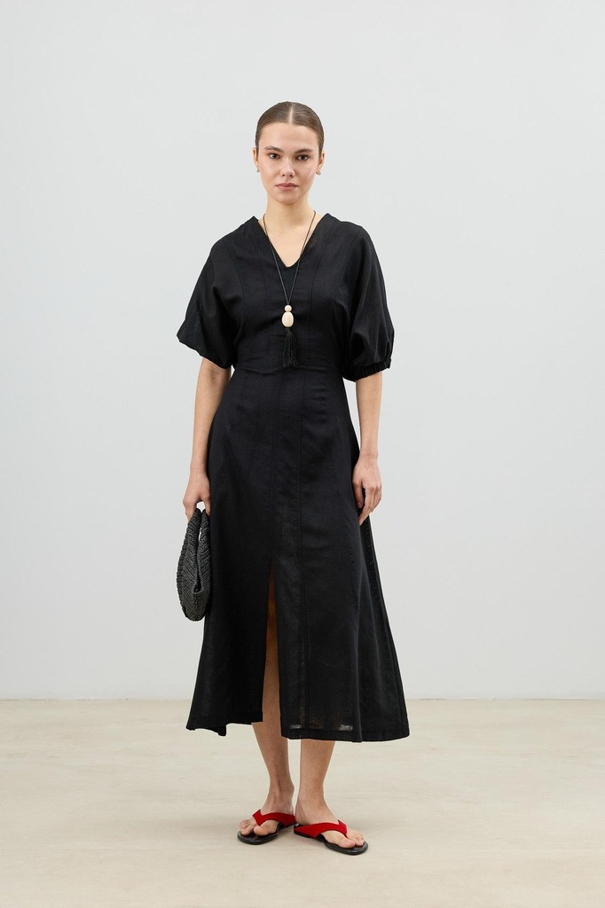 [BA26Y065-Siyah-M] Antioch V-Neck Linen-Blend Women's Dress (M)