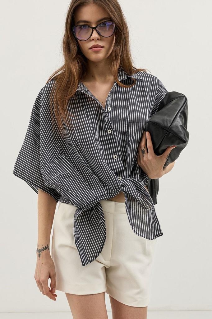 [BA26Y156-Siyah-5] Antioch Knotted Striped Women's Shirt (S)