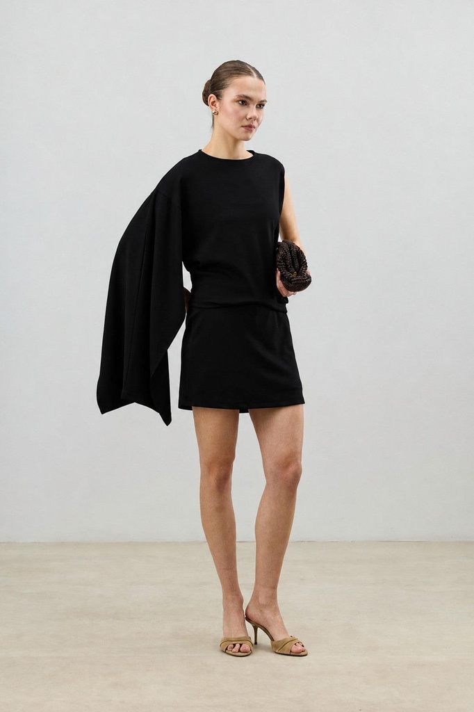 [BA26YTKM070-Siyah-5] Asymmetric Single Sleeved Women's Set (S)