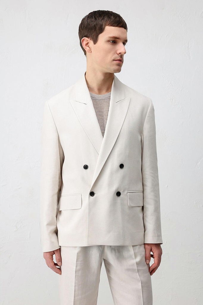[A25Y4192-Taş-5] Relaxed Fit Linen-Blend Men's Blazer Jacket (S)