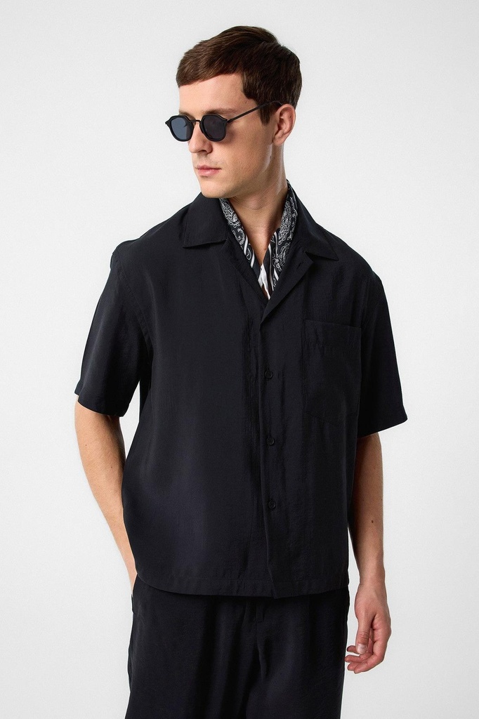 [A25Y10136-Siyah-M] Antioch Notched Collar Modal Fabric Men's Shirt (M)