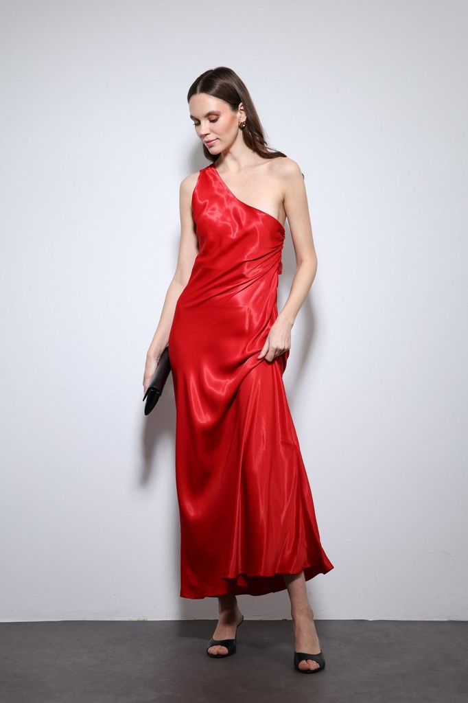 [BA26Y031-Kırmızı-M] Antioch Asymmetric Collar Satin Long Dress (M)