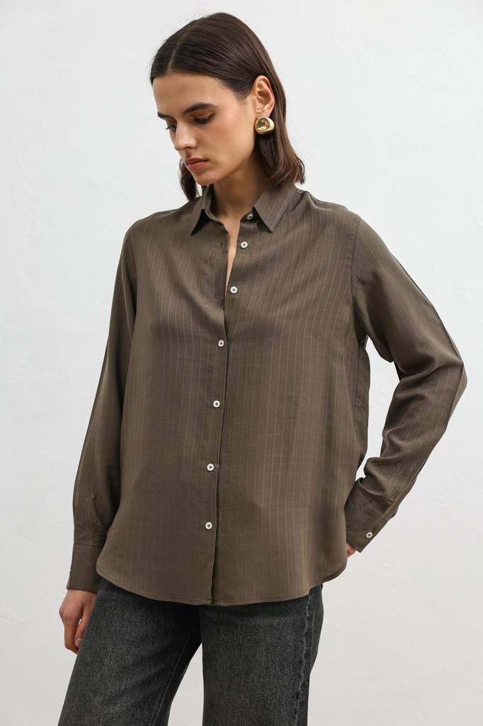 [BA26Y137-Haki-M] Antioch 100% Lyocell Striped Women's Shirt (M)